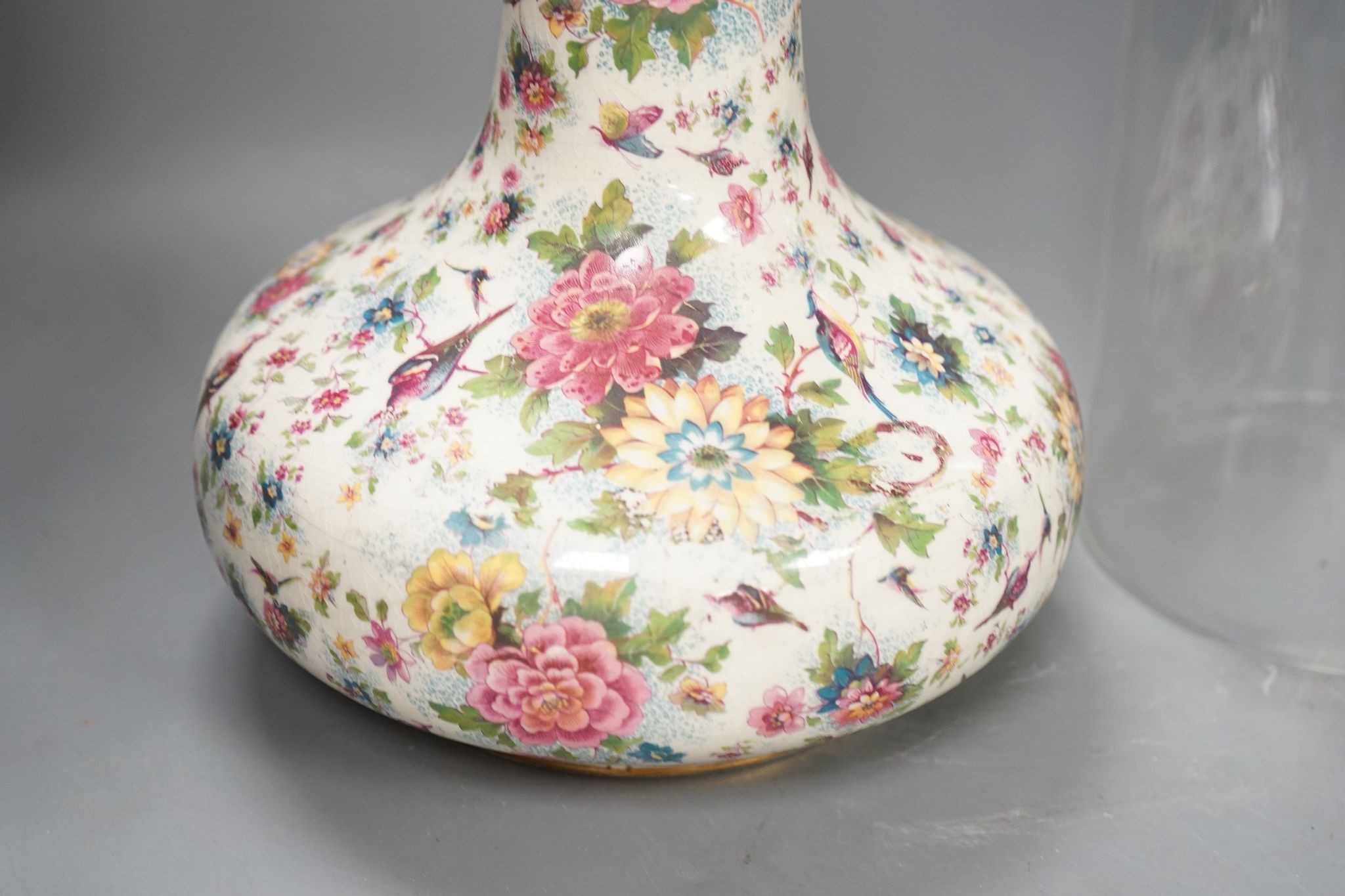 A mid 20th century Chintz vase and a glass dome, vase 27cm